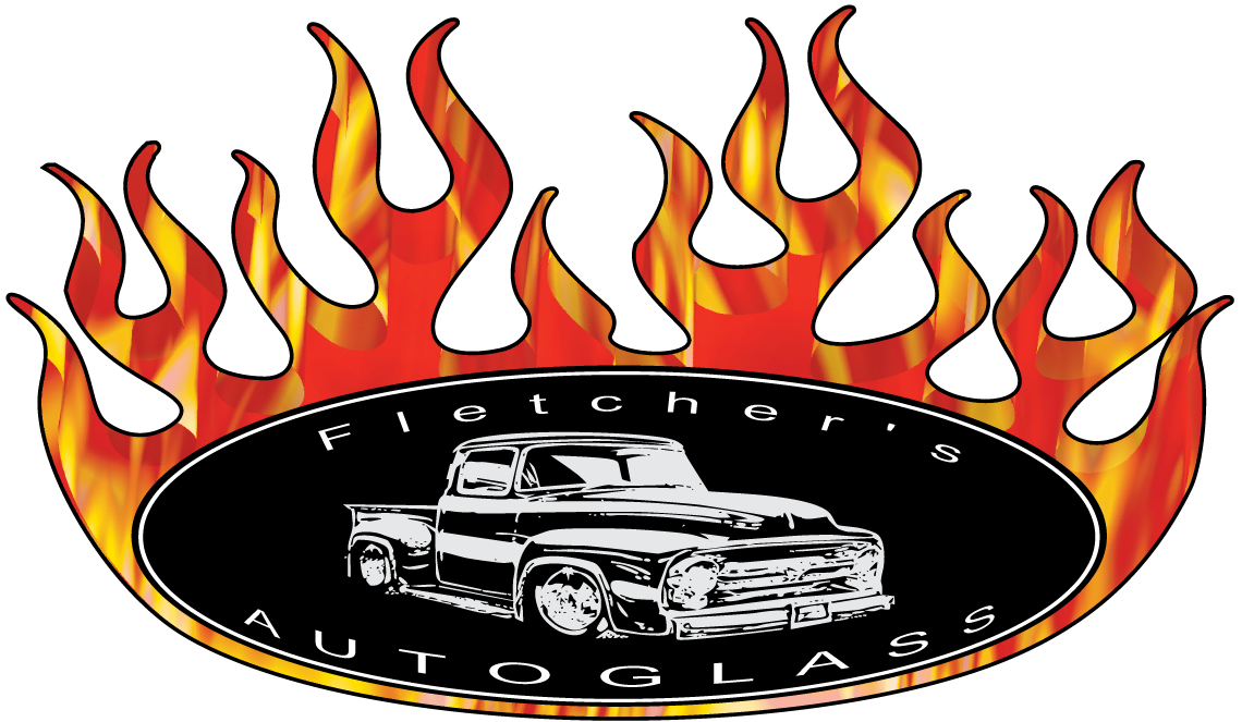 Fletchers Auto Glass logo flames with 1950s truck.